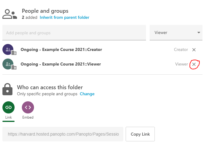Panopto folder "Share" settings after previous steps. Highlighted "X" which, when clicked, would remove the viewer group from the folder's viewers."