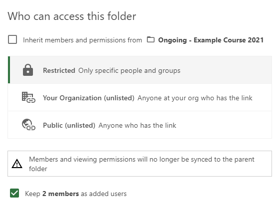 Pop-up showing "Inherit members and permissions..." unchecked and "Keep 2 members as added users" checked.