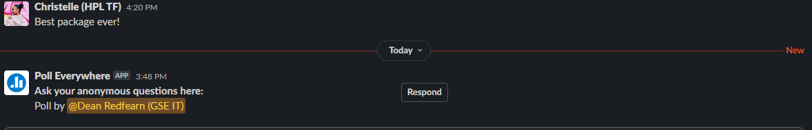 PollEv open Q&A prompt set to anonymous posting in Slack.