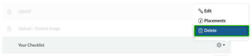 An example of a custom link created in Canvas, with its setting menu open, and the "delete" option selected.